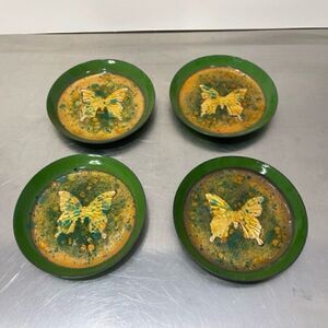 4 Artisan House Enamel Vintage Butterfly Gold Green Trinket Dish Ashtray Drip Gl